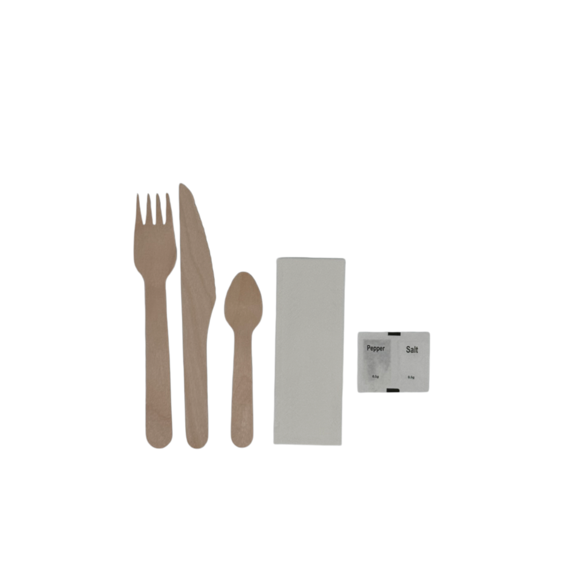 Kit couverts en bois  6 /1 fourchette + couteau 16 cm + cuillère à dessert + sel + poivre + serviette 1 pli  par 250